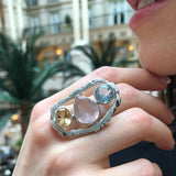 Rose Quartz Silver Ring, Three Stone Statement Ring, Colorful Statement Ring, Boho Ring, Long Ring, Blue Topaz Ring, Citrine Ring, For Her