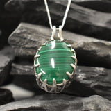 Malachite Pendant, Natural Malachite, Nordic Pendant, Green Oval Pendant, Green Malachite, Tall Pendant, Green Gem Pendant, Silver Pendant