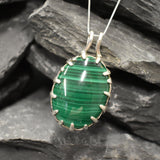 Malachite Pendant, Natural Malachite, Nordic Pendant, Green Oval Pendant, Green Malachite, Tall Pendant, Green Gem Pendant, Silver Pendant