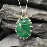 Malachite Pendant, Natural Malachite, Nordic Pendant, Green Oval Pendant, Green Malachite, Tall Pendant, Green Gem Pendant, Silver Pendant