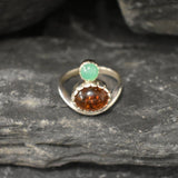 Amber Ring, Natural Amber, Chrysoprase Ring, Asymmetric Ring, Natural Chrysoprase, Vintage Ring, Unique Ring, Multistone Ring, Silver Ring