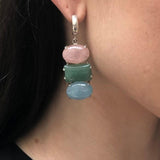Bohemian Earrings, Multistone Earrings, Heavy Earrings, Long Earrings, Statement Earrings, Solid Silver Earrings, Rose Quartz, Aquamarine