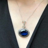 Royal Blue Pendant, Sapphire Pendant, Created Sapphire, Blue Pendant, Vintage Pendant, Victorian Pendant, Silver Pendant, Large Blue Pendant