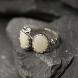 Opal Ring, Silver Flower Ring, Natural Opal Ring, Flashy Opal Ring, White Ring, Two Stone Ring, Unique Stone Ring, Solid Silver Ring, Opal
