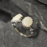 Opal Ring, Silver Flower Ring, Natural Opal Ring, Flashy Opal Ring, White Ring, Two Stone Ring, Unique Stone Ring, Solid Silver Ring, Opal