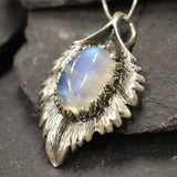 Moonstone Necklace, Natural Moonstone, June Birthstone, Feather Pendant, Silver Leaf Necklace, Boho Statement Necklace, Rare By Adina