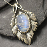 Moonstone Necklace, Natural Moonstone, June Birthstone, Feather Pendant, Silver Leaf Necklace, Boho Statement Necklace, Rare By Adina