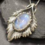 Moonstone Necklace, Natural Moonstone, June Birthstone, Feather Pendant, Silver Leaf Necklace, Boho Statement Necklace, Rare By Adina