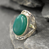 Green Agate Ring, Large Green Ring, Natural Green Agate, Green Oval Ring, Statement Ring, Artisan Ring, Vintage Ring, Solid Silver Ring