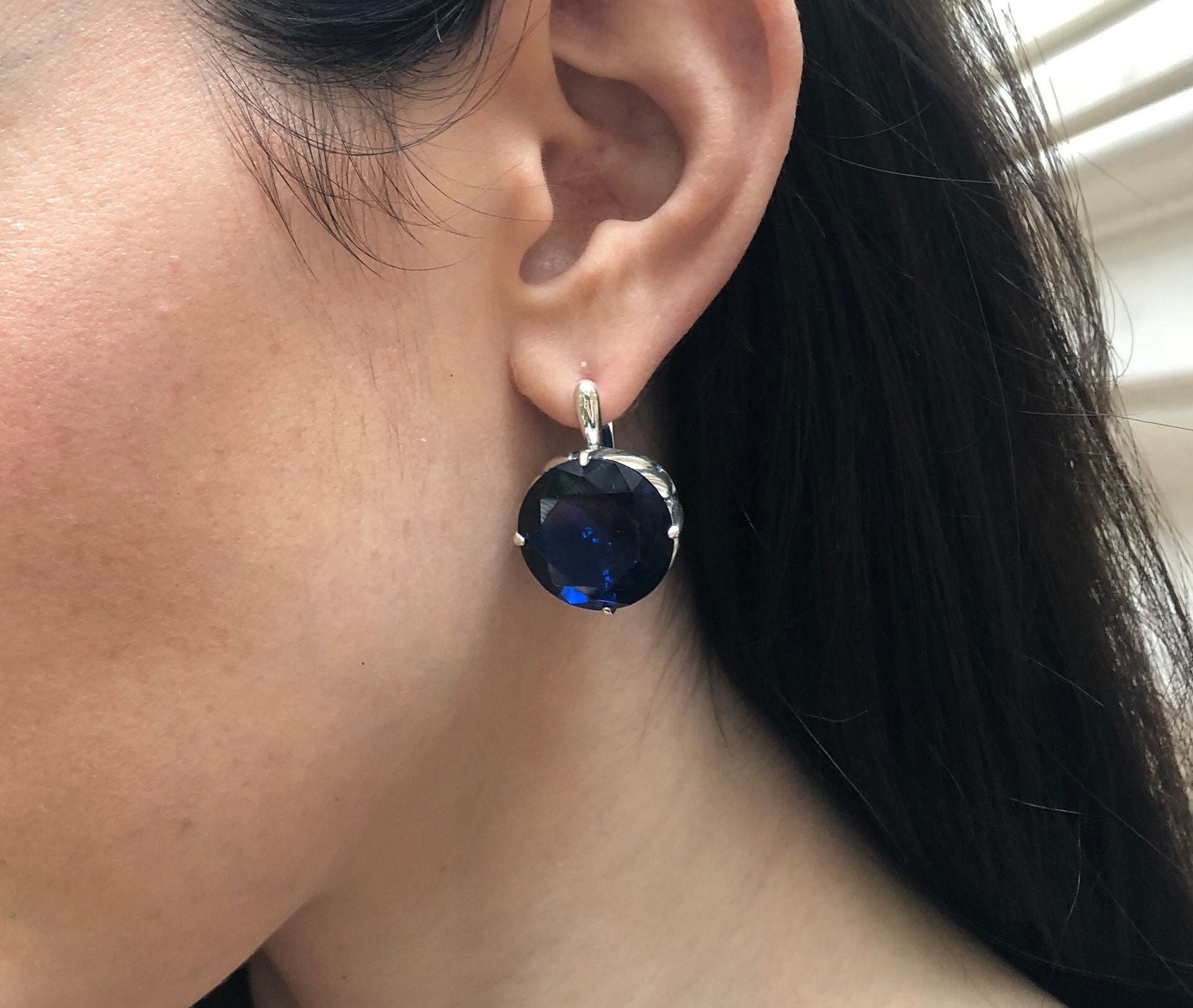 Created Sapphire Earrings made in 925 Sterling Silver with Round Created Blue Sapphire in Prong setting, September Birthstone gift idea, symbolizes sincerity, truth, and faithfulness, ideal for everyday wear and perfect for birthday gifting and special occasions.