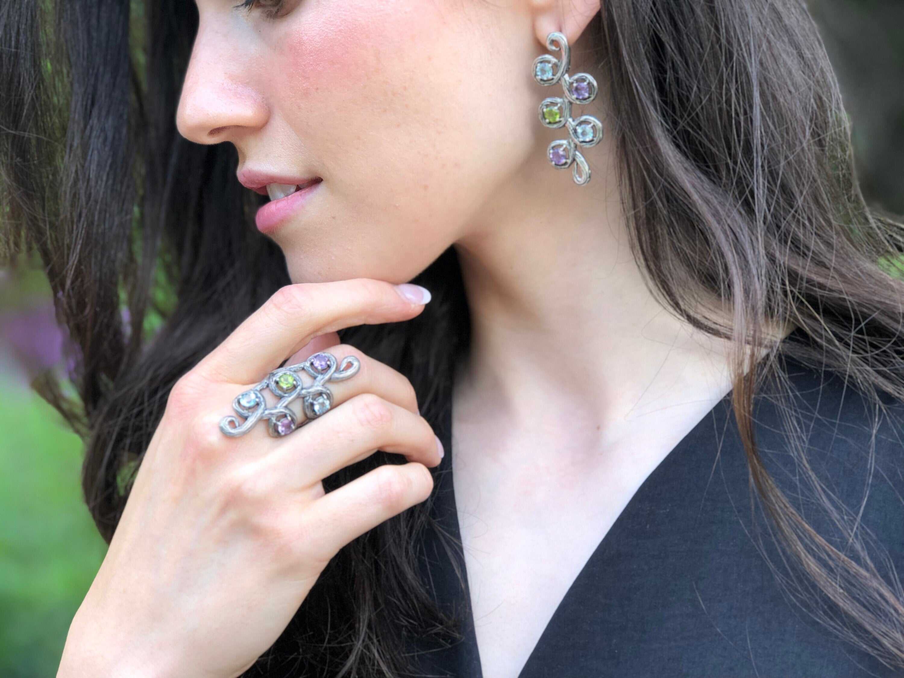 Leaf Ring, Topaz Ring, Long Ring, Vintage Rings, Artistic Ring, Antique Ring, Birthstone Ring, Multistone Ring, Big Ring, Solid Silver Ring