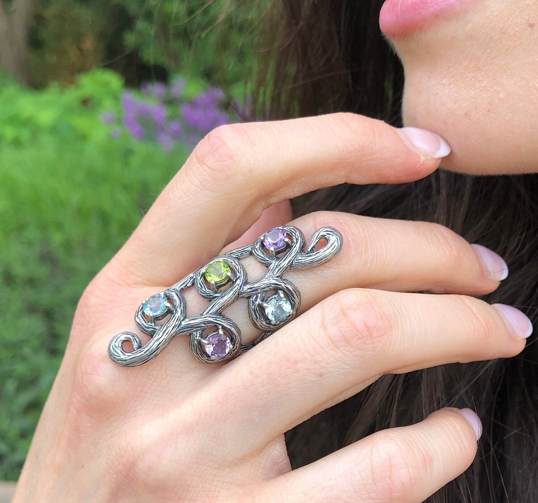 Leaf Ring, Topaz Ring, Long Ring, Vintage Rings, Artistic Ring, Antique Ring, Birthstone Ring, Multistone Ring, Big Ring, Solid Silver Ring