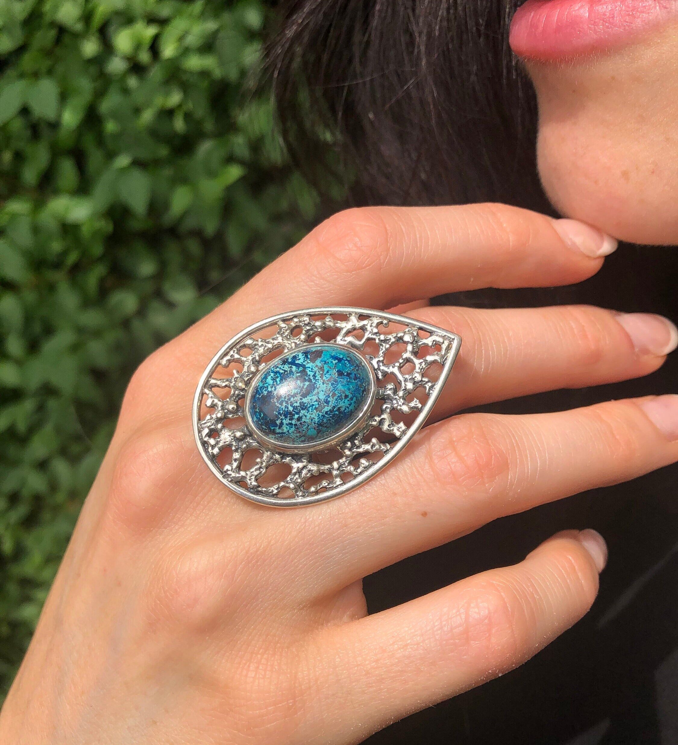 Chrysocolla Ring, Natural Chrysocolla, Vintage Ring, Statement Ring, Sagittarius Birthstone, Large Blue Ring, Chunky Ring, Solid Silver Ring