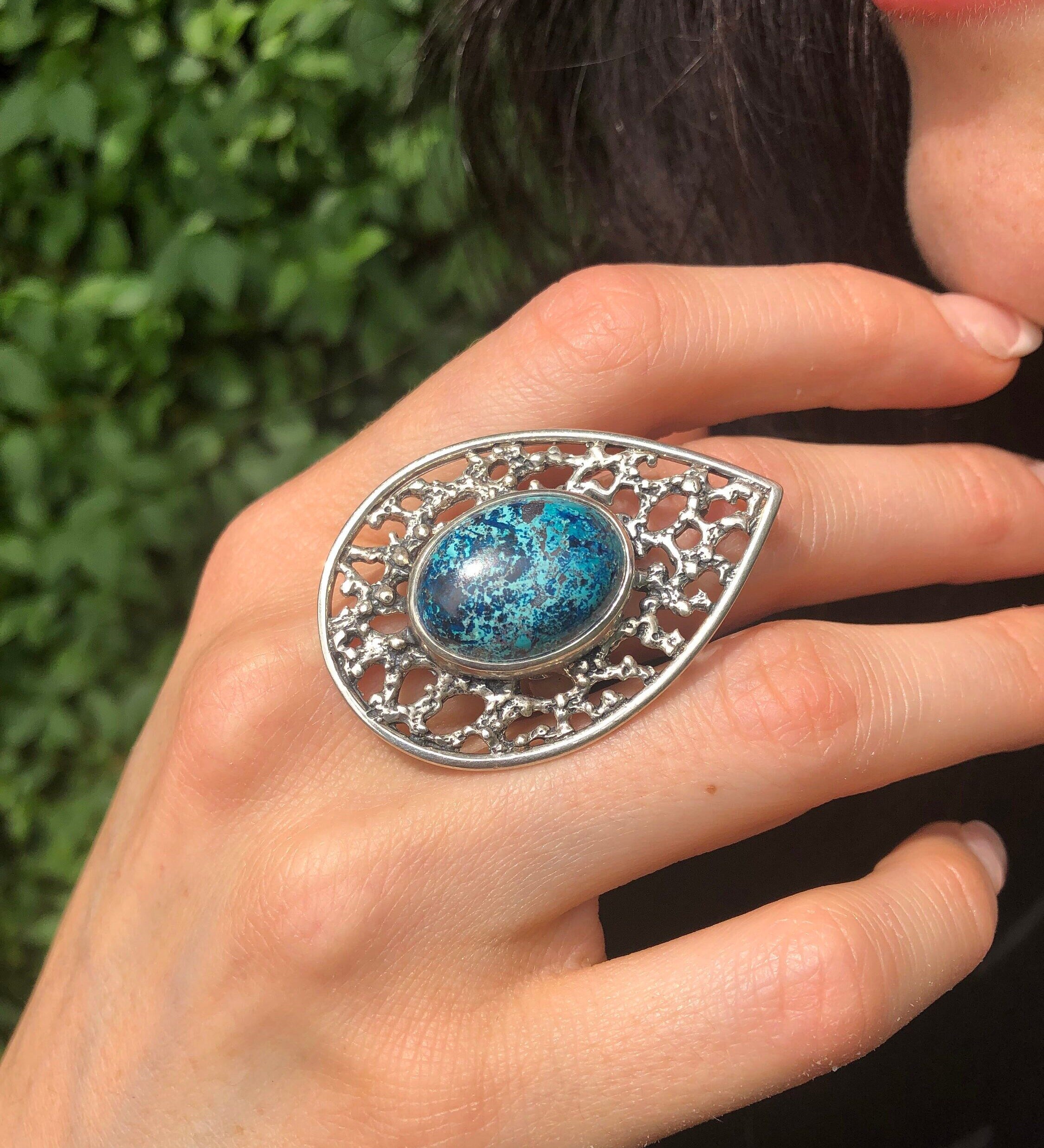 Chrysocolla Ring, Natural Chrysocolla, Vintage Ring, Statement Ring, Sagittarius Birthstone, Large Blue Ring, Chunky Ring, Solid Silver Ring
