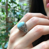 Blue Antique Ring, Natural Larimar Ring, Statement Ring, Large Ring, Sky Blue Ring, Vintage Ring, Tall Ring, Viking Ring, Solid Silver Ring