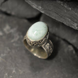 Blue Antique Ring, Natural Larimar Ring, Statement Ring, Large Ring, Sky Blue Ring, Vintage Ring, Tall Ring, Viking Ring, Solid Silver Ring