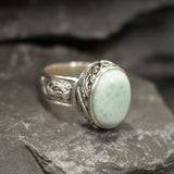 Blue Antique Ring, Natural Larimar Ring, Statement Ring, Large Ring, Sky Blue Ring, Vintage Ring, Tall Ring, Viking Ring, Solid Silver Ring