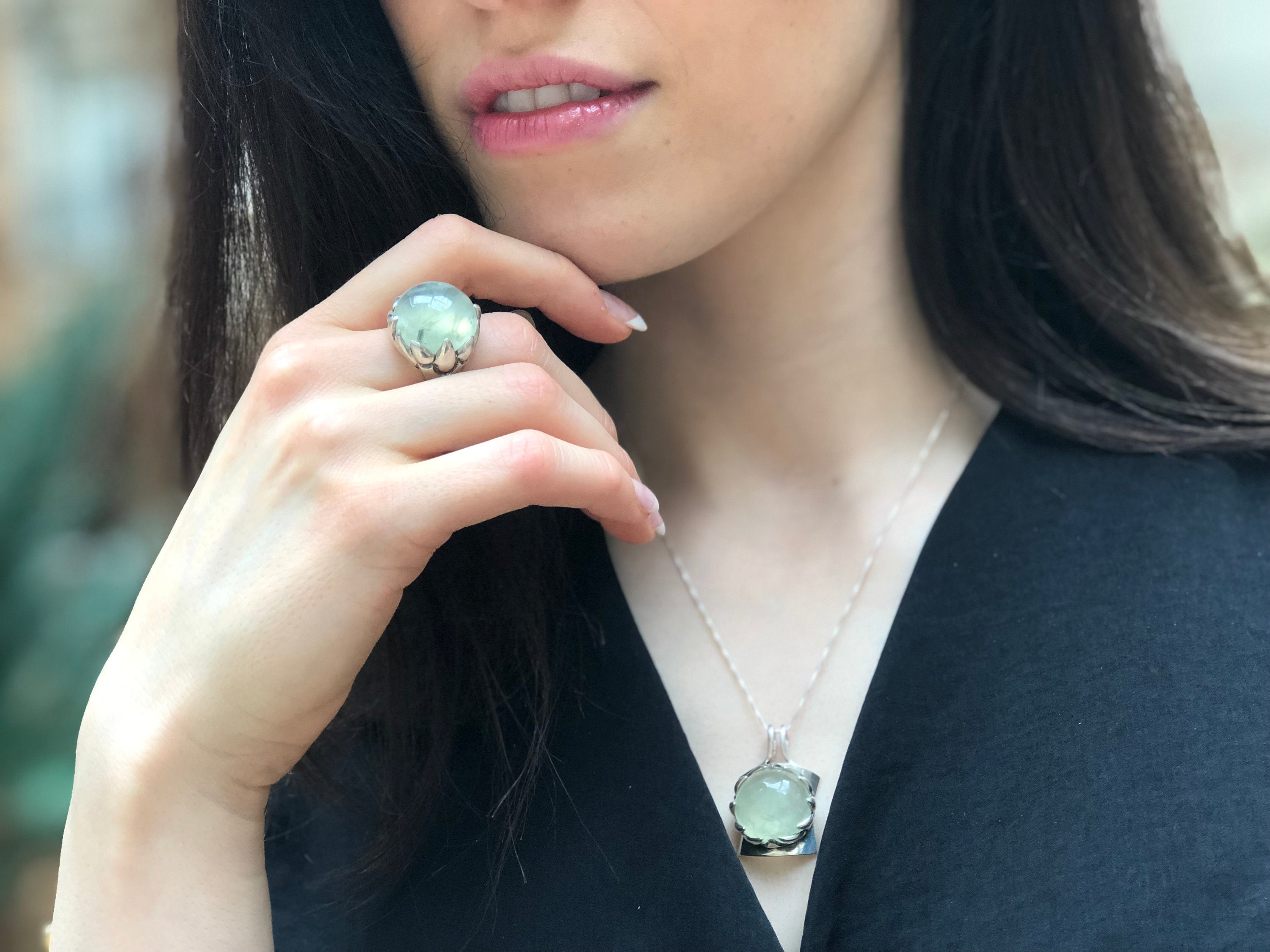 Prehnite Pendant, Natural Prehnite, May Birthstone, Round Pendant, Statement Pendant, May Pendant, Green Pendant, Silver Pendant, Prehnite