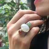 Boho Ring, Mother of Pearl, Multistone Ring, Statement Ring, Heavy Ring, Bohemian Ring, Large Long Ring, Solid Silver Ring, Nephrite, Amber