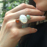 Boho Ring, Mother of Pearl, Multistone Ring, Statement Ring, Heavy Ring, Bohemian Ring, Large Long Ring, Solid Silver Ring, Nephrite, Amber