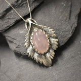 Rose Quartz Pendant, Natural Rose Quartz, January Birthstone, Silver Leaf Pendant, Vintage Leaf Pendant, Rose Quartz Necklace, Solid Silver