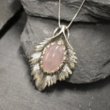 Rose Quartz Pendant, Natural Rose Quartz, January Birthstone, Silver Leaf Pendant, Vintage Leaf Pendant, Rose Quartz Necklace, Solid Silver