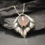 Rose Quartz Pendant, Natural Rose Quartz, January Birthstone, Silver Leaf Pendant, Vintage Leaf Pendant, Rose Quartz Necklace, Solid Silver