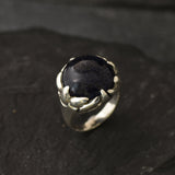 Blue Sandstone Ring, Statement Ring, Vintage Ring, Large Sandstone, Cocktail Ring, Big Round Ring, Chunky Ring, Dark Ring, Solid Silver Ring