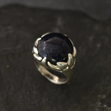 Blue Sandstone Ring, Statement Ring, Vintage Ring, Large Sandstone, Cocktail Ring, Big Round Ring, Chunky Ring, Dark Ring, Solid Silver Ring