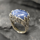 Leaf Ring, Kyanite Ring, Natural Kyanite, Horizontal Ring, Unique Artistic Ring, Blue Vintage Ring, Silver Leaf Ring, Solid Silver Ring