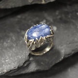 Leaf Ring, Kyanite Ring, Natural Kyanite, Horizontal Ring, Unique Artistic Ring, Blue Vintage Ring, Silver Leaf Ring, Solid Silver Ring