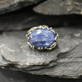 Leaf Ring, Kyanite Ring, Natural Kyanite, Horizontal Ring, Unique Artistic Ring, Blue Vintage Ring, Silver Leaf Ring, Solid Silver Ring