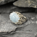 Leaf Ring, Aquamarine Ring, Natural Aquamarine, March Birthstone, Unique Artistic Ring, Blue Vintage Ring, Horizontal Ring, 925 Silver Ring