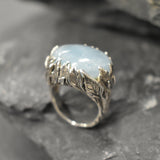 Leaf Ring, Aquamarine Ring, Natural Aquamarine, March Birthstone, Unique Artistic Ring, Blue Vintage Ring, Horizontal Ring, 925 Silver Ring
