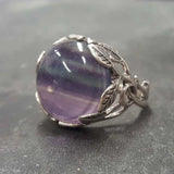 Flourite Ring, Natural Fluorite, Silver Leaf Ring, Round Purple Ring, Statement Ring, Purple Crystal Ring, Leaf Ring, Solid Silver Ring