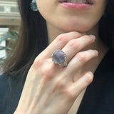 Flourite Ring, Natural Fluorite, Silver Leaf Ring, Round Purple Ring, Statement Ring, Purple Crystal Ring, Leaf Ring, Solid Silver Ring