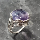Flourite Ring, Natural Fluorite, Silver Leaf Ring, Round Purple Ring, Statement Ring, Purple Crystal Ring, Leaf Ring, Solid Silver Ring