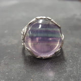 Flourite Ring, Natural Fluorite, Silver Leaf Ring, Round Purple Ring, Statement Ring, Purple Crystal Ring, Leaf Ring, Solid Silver Ring