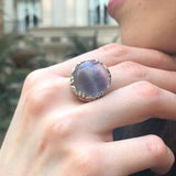 Flourite Ring, Natural Fluorite, Silver Leaf Ring, Round Purple Ring, Statement Ring, Purple Crystal Ring, Leaf Ring, Solid Silver Ring
