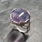 Flourite Ring, Natural Fluorite, Silver Leaf Ring, Round Purple Ring, Statement Ring, Purple Crystal Ring, Leaf Ring, Solid Silver Ring