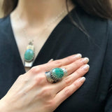 Long Green Ring, Chrysocolla Ring, Shield Ring, Tribal Ring, Symbolic Ring, Green Ring, Vintage Ring, Artistic Ring, Solid Silver Ring