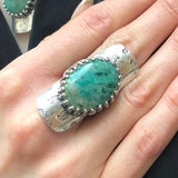 Long Green Ring, Chrysocolla Ring, Shield Ring, Tribal Ring, Symbolic Ring, Green Ring, Vintage Ring, Artistic Ring, Solid Silver Ring