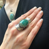 Long Green Ring, Chrysocolla Ring, Shield Ring, Tribal Ring, Symbolic Ring, Green Ring, Vintage Ring, Artistic Ring, Solid Silver Ring