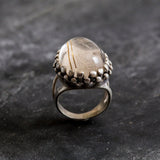 Rutilated Quartz Ring, Natural Quartz, Large Golden Quartz, Leo Birthstone, Gold Quartz, Large Ring, Vintage Silver Ring, Rutilated Quartz