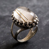 Rutilated Quartz Ring, Natural Quartz, Large Golden Quartz, Leo Birthstone, Gold Quartz, Large Ring, Vintage Silver Ring, Rutilated Quartz