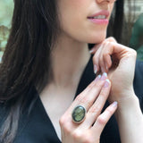 Green Statement Ring, Real Labradorite, Large Labradorite Ring, Smoky Green Cocktail Ring, Vintage Oval Ring, Rare Ring Gift, Rare By Adina