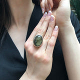 Green Statement Ring, Real Labradorite, Large Labradorite Ring, Smoky Green Cocktail Ring, Vintage Oval Ring, Rare Ring Gift, Rare By Adina