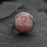 Rhodochrosite Ring, Natural Rhodochrosite, Vintage Ring, Pink Boho Ring, Large Round Ring, Statement Ring, Antique Ring, Solid Silver Ring