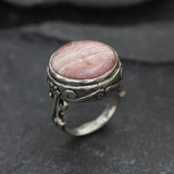 Rhodochrosite Ring, Natural Rhodochrosite, Vintage Ring, Pink Boho Ring, Large Round Ring, Statement Ring, Antique Ring, Solid Silver Ring