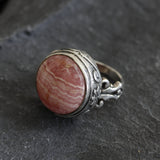 Rhodochrosite Ring, Natural Rhodochrosite, Vintage Ring, Pink Boho Ring, Large Round Ring, Statement Ring, Antique Ring, Solid Silver Ring